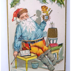 Santa Claus Christmas Postcard Painting Jack In The Box Toy Paint Brush B 100